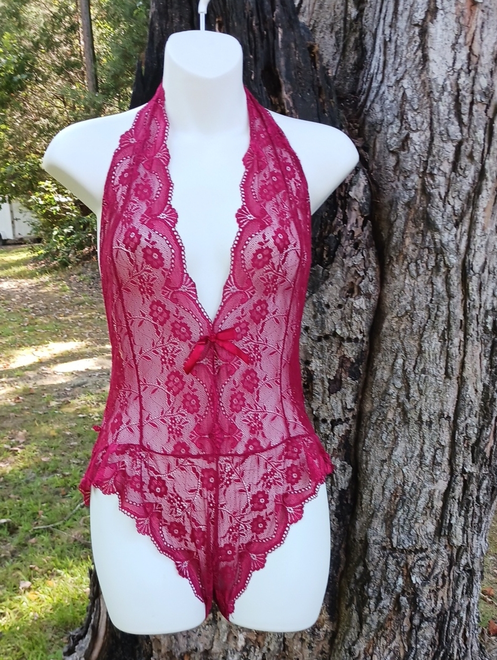 Floral Lace Halter Teddy Bodysuit - Raspberry